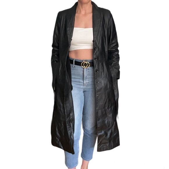 Sears Black Vintage Long Leather Coat Small - Picture 8 of 15